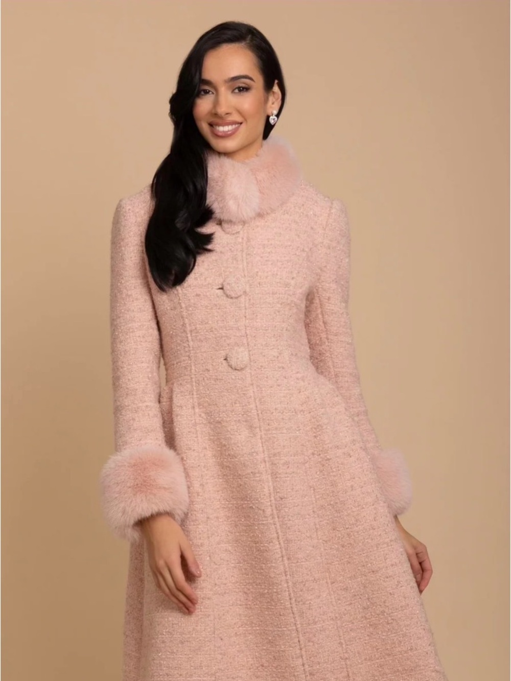 Women’s Pink Faux Fur-Trim Wool Blend Coat - Picture 2 of 10